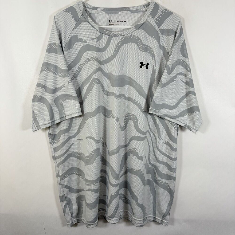 Under Armour HeatGear Athletic T Shirt Men 3XL White Gray Geometric Short Sleeve